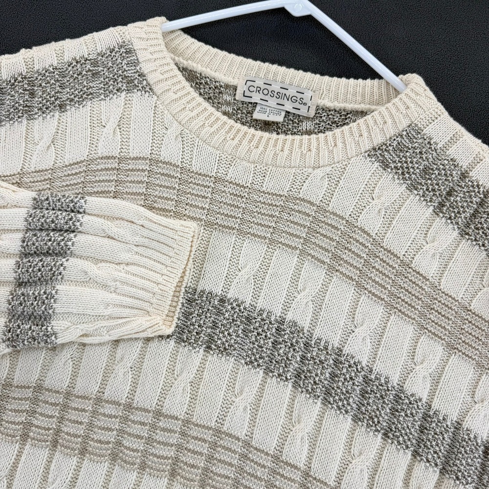 Crossings Vintage Mens Large Cotton Cable Knit Striped Crewneck Sweater USA Made